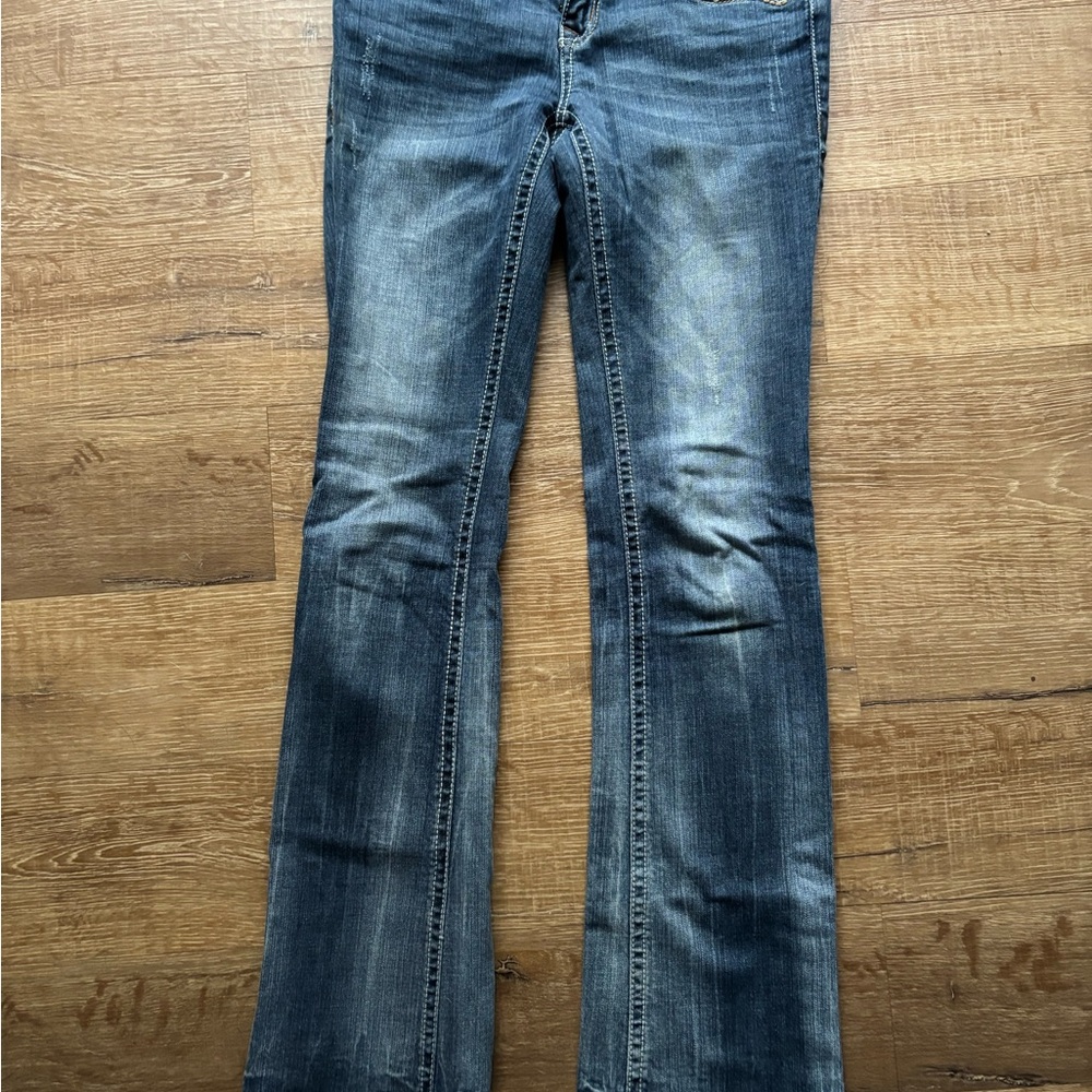 Grace in LA Blue Flare Jeans with Distressed Details and Fading